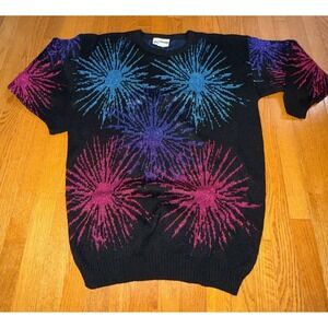 Distinctly Different Vintage Black Colorful Fireworks Sweater Women's Size 20